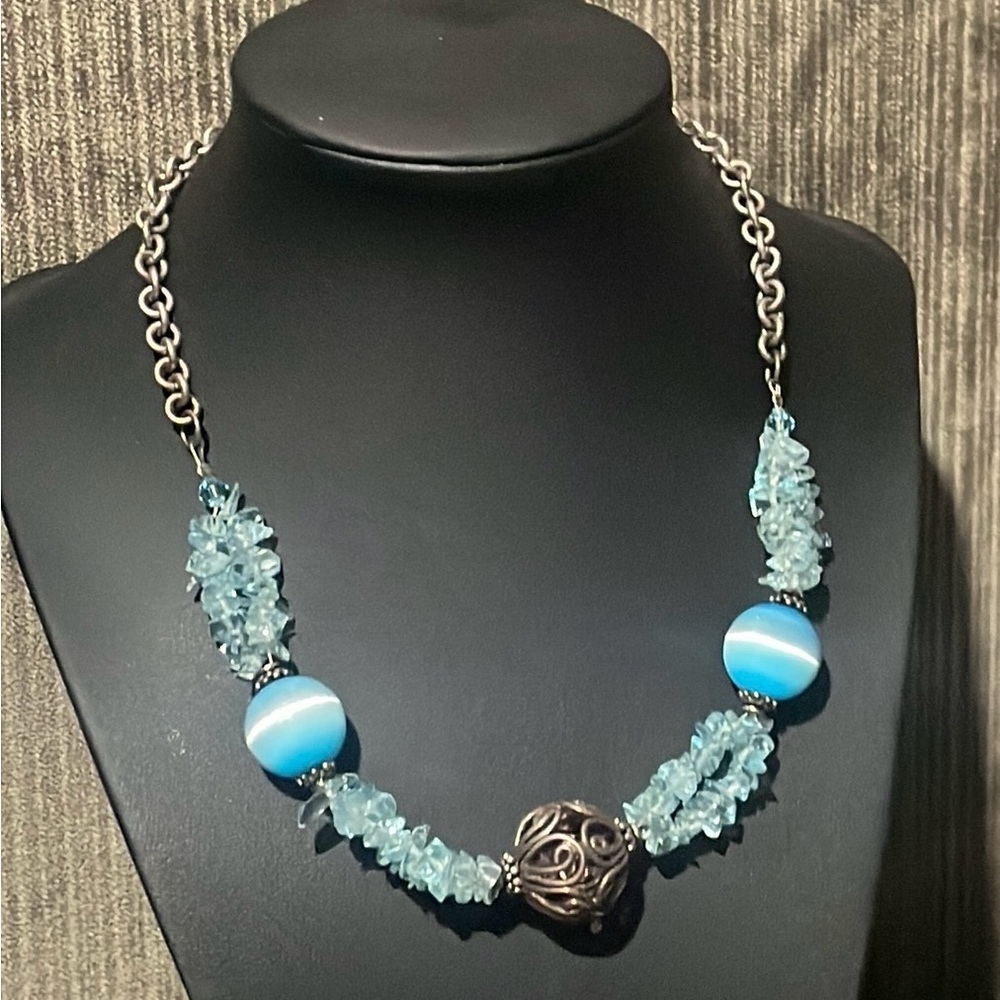 .925 Sterling TOPAZ CAT’S EYE BEADED NECKLACE real solid Silver Fine Jewelry - Picture 4 of 14